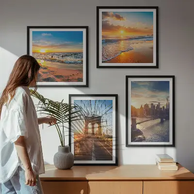 Multi-piece wall decor set featuring bridges and city sunsets