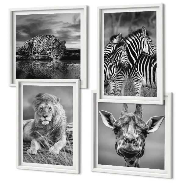 Wild Animals Wall Art set of 4 prints featuring a lion jaguar giraffe and zebras