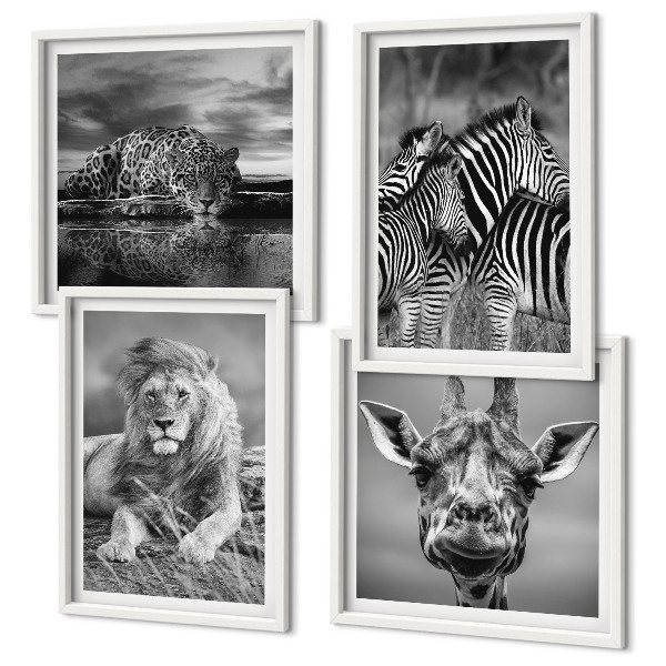 Set of 4 wall art pieces Wild Animals Lion Jaguar Giraffe Zebras