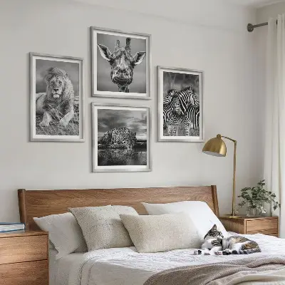 Wild Animals Wall Art set of 4 prints featuring a lion jaguar giraffe and zebras