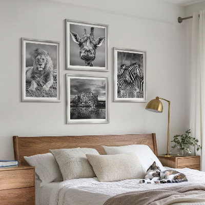 Set of 4 wall art pieces Wild Animals Lion Jaguar Giraffe Zebras