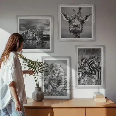 Wild Animals Wall Art set of 4 prints featuring a lion jaguar giraffe and zebras