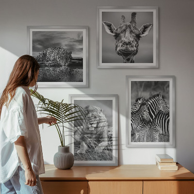 Set of 4 wall art pieces Wild Animals Lion Jaguar Giraffe Zebras