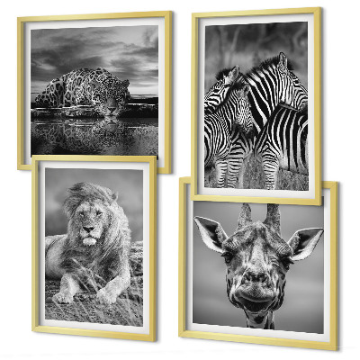 Set of 4 wall art pieces Wild Animals Lion Jaguar Giraffe Zebras