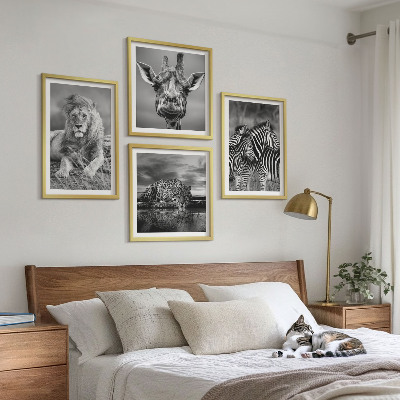 Set of 4 wall art pieces Wild Animals Lion Jaguar Giraffe Zebras