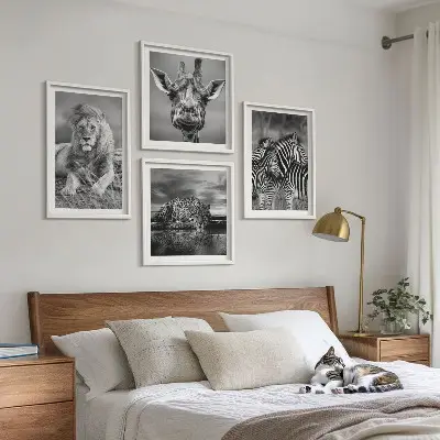 Wild Animals Wall Art set of 4 prints featuring a lion jaguar giraffe and zebras