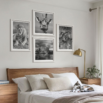 Set of 4 wall art pieces Wild Animals Lion Jaguar Giraffe Zebras