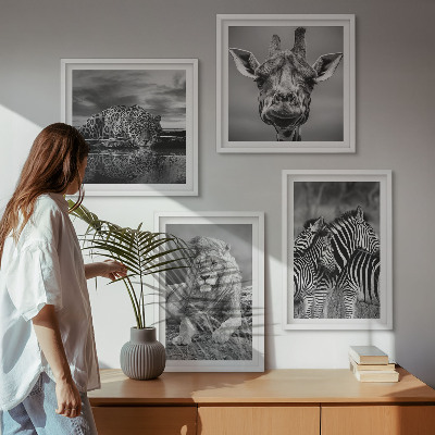 Set of 4 wall art pieces Wild Animals Lion Jaguar Giraffe Zebras