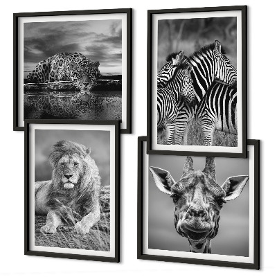 Set of 4 wall art pieces Wild Animals Lion Jaguar Giraffe Zebras