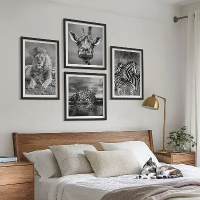 Wild Animals Wall Art set of 4 prints featuring a lion jaguar giraffe and zebras