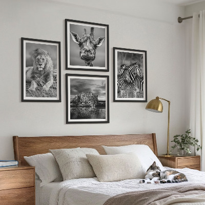 Set of 4 wall art pieces Wild Animals Lion Jaguar Giraffe Zebras