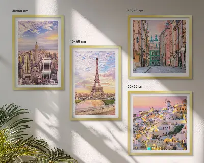 Multi-piece wall art set featuring twilight cityscapes of New York Paris Oia and Warsaw