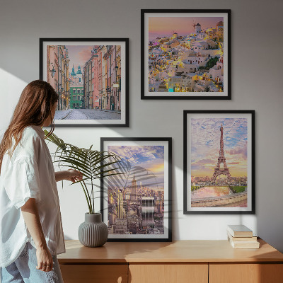 Multi-piece wall decor set New York Paris Oia Warsaw twilight