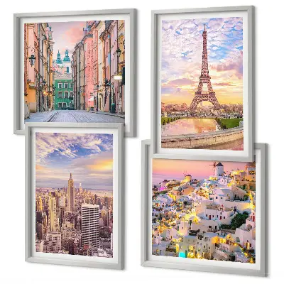 Multi-piece wall art set featuring twilight cityscapes of New York Paris Oia and Warsaw