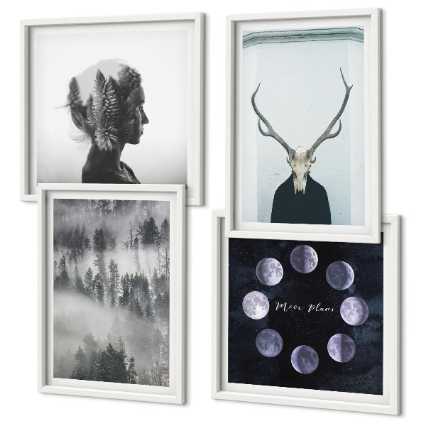 Set of 4 wall art pieces Forest fog moon skull woman