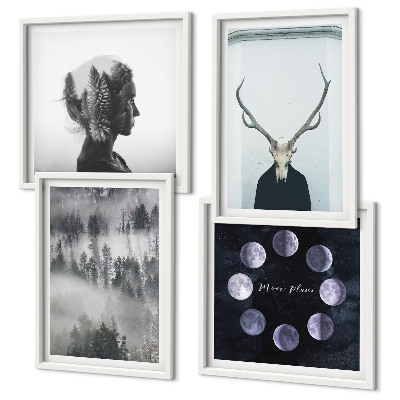 Set of 4 wall art pieces Forest fog moon skull woman