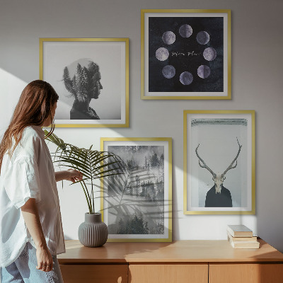 Set of 4 wall art pieces Forest fog moon skull woman