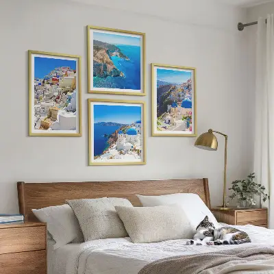 Multi-piece wall decor set featuring an architectural landscape of Oia, Santorini, Greece