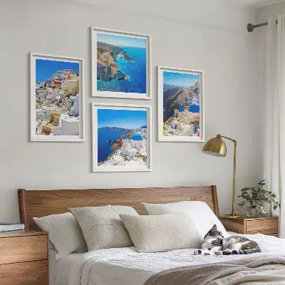 Multi-piece wall decor set featuring an architectural landscape of Oia, Santorini, Greece