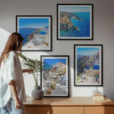 Multi-piece wall decor set featuring an architectural landscape of Oia, Santorini, Greece