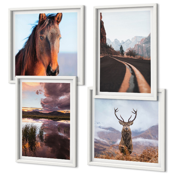 Set of 4 wall art pieces Mountain landscapes reindeer horse road