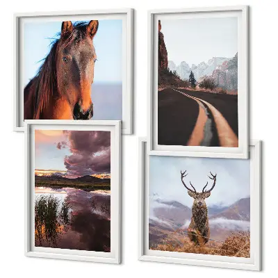 Set of 4 mountain landscape wall art prints featuring reindeer, horses, and road scenes