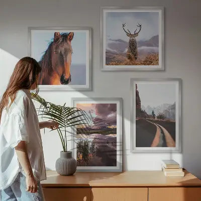Set of 4 mountain landscape wall art prints featuring reindeer, horses, and road scenes