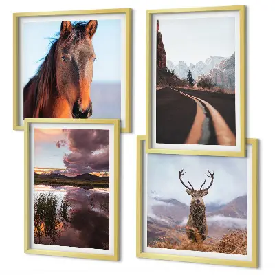 Set of 4 mountain landscape wall art prints featuring reindeer, horses, and road scenes