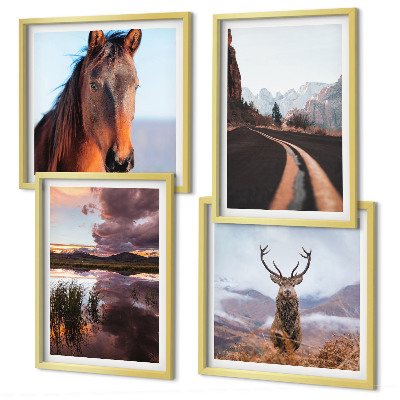 Set of 4 wall art pieces Mountain landscapes reindeer horse road
