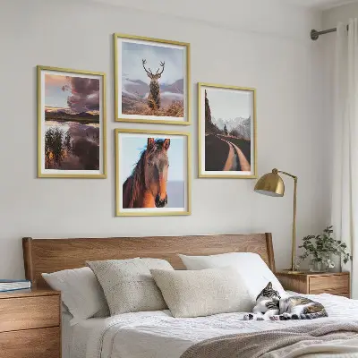 Set of 4 mountain landscape wall art prints featuring reindeer, horses, and road scenes