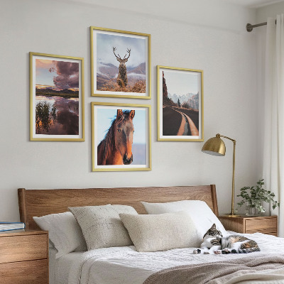 Set of 4 wall art pieces Mountain landscapes reindeer horse road