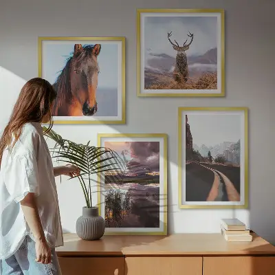 Set of 4 mountain landscape wall art prints featuring reindeer, horses, and road scenes