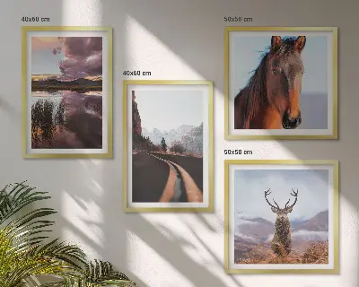 Set of 4 mountain landscape wall art prints featuring reindeer, horses, and road scenes