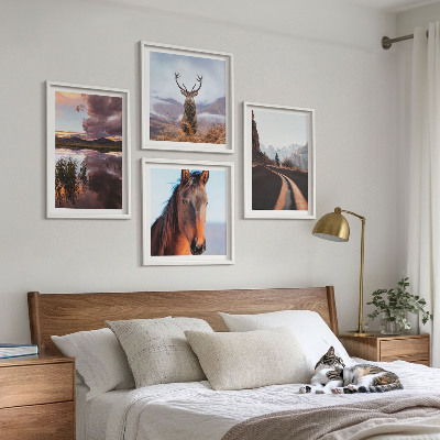 Set of 4 wall art pieces Mountain landscapes reindeer horse road