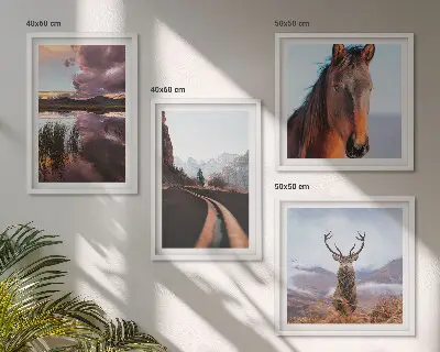 Set of 4 mountain landscape wall art prints featuring reindeer, horses, and road scenes