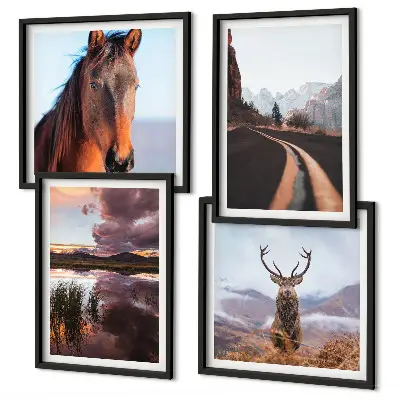 Set of 4 mountain landscape wall art prints featuring reindeer, horses, and road scenes