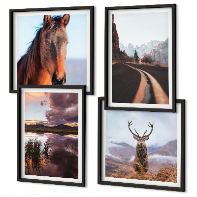Set of 4 wall art pieces Mountain landscapes reindeer horse road