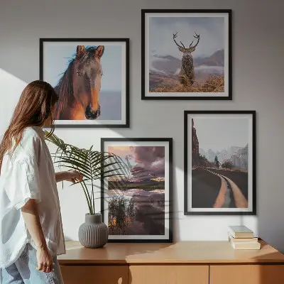 Set of 4 mountain landscape wall art prints featuring reindeer, horses, and road scenes