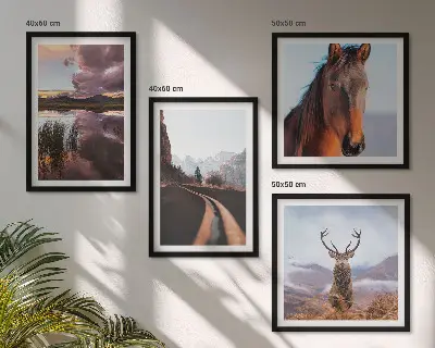 Set of 4 mountain landscape wall art prints featuring reindeer, horses, and road scenes