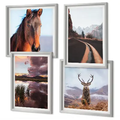 Set of 4 mountain landscape wall art prints featuring reindeer, horses, and road scenes