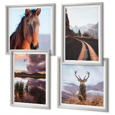 Set of 4 wall art pieces Mountain landscapes reindeer horse road