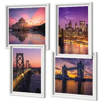 Multi-piece wall art set featuring bridges, sun, and city views