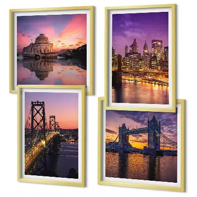 Multi-piece wall art set featuring bridges, sun, and city views