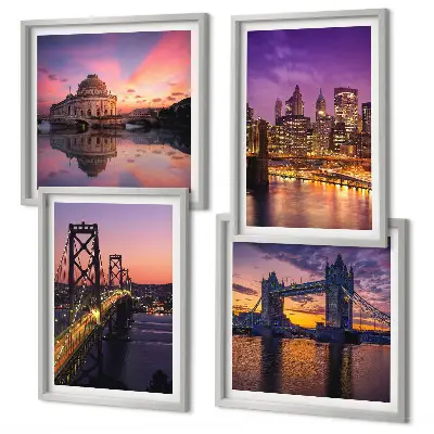 Multi-piece wall art set featuring bridges, sun, and city views