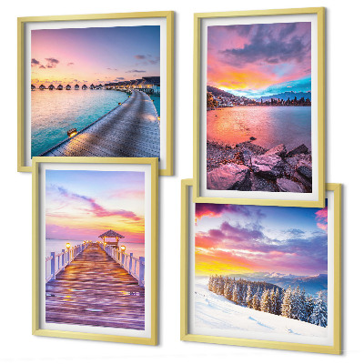 Set of 4 wall art pieces Winter landscape of the pier mountain