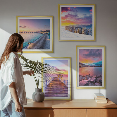Set of 4 wall art pieces Winter landscape of the pier mountain