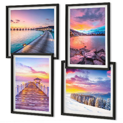 Set of 4 wall art pieces Winter landscape of the pier mountain