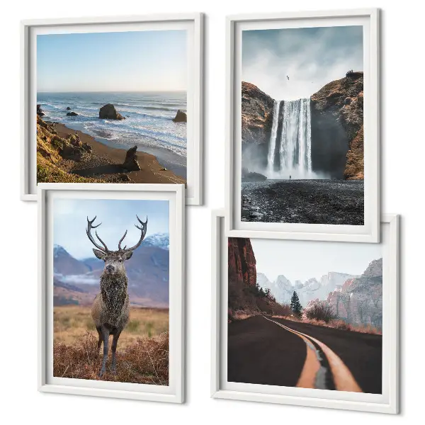 Wall art set featuring mountain landscapes with waterfalls, deer, and beaches