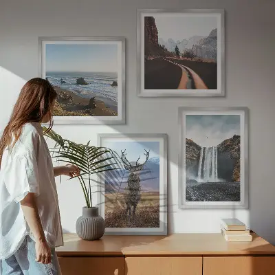 Wall art set featuring mountain landscapes with waterfalls, deer, and beaches
