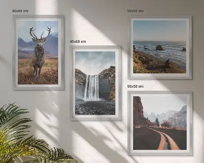 Wall art set featuring mountain landscapes with waterfalls, deer, and beaches